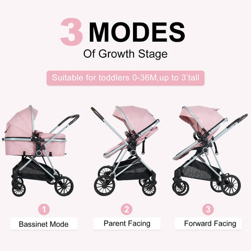 2-in-1 Baby Stroller with Bassinet Mode - Folding Infant Newborn Pram with Reversible Seat - for 0-36 Months Baby Girl Pink