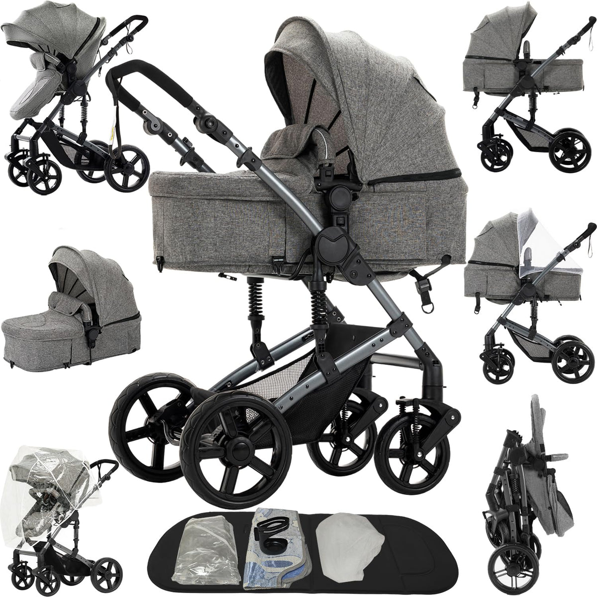Ultra-Lightweight Stroller at Only 5.4kg, Foldable Compact Pushchair with Lie-Flat Position, Travel Pram from Birth to 15kg, Baby Buggy with Adjustable Backrest, Footrest, Canopy (A8 Grey)