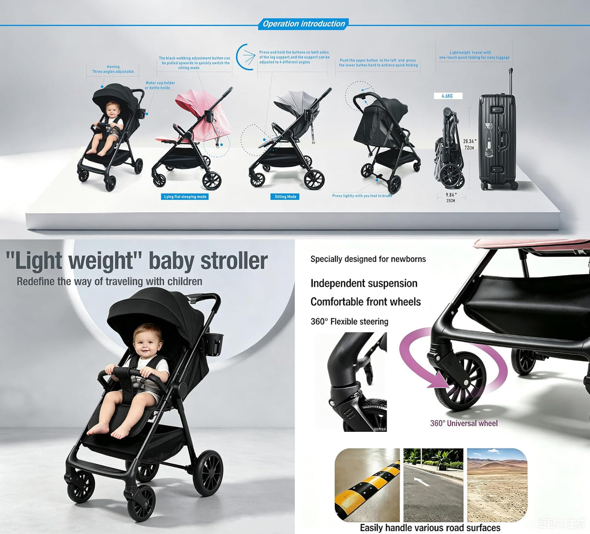 Ultra-Lightweight Stroller at Only 5.4kg, Foldable Compact Pushchair with Lie-Flat Position, Travel Pram from Birth to 15kg, Baby Buggy with Adjustable Backrest, Footrest, Canopy (A8 Grey)